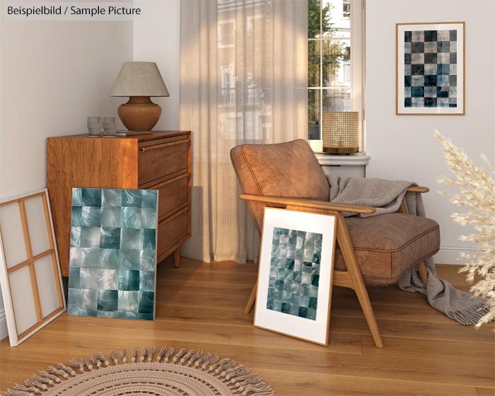 Cozy room with armchair, art prints on easels, wooden dresser, large window, and a rug on a wooden floor.