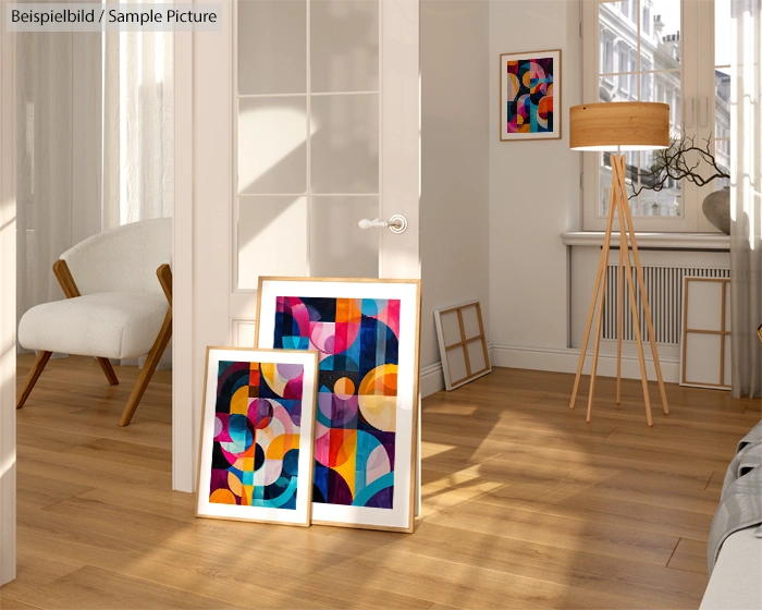 Sunny room with abstract colorful framed artwork on floor and wall, wooden tripod lamp, and large window.