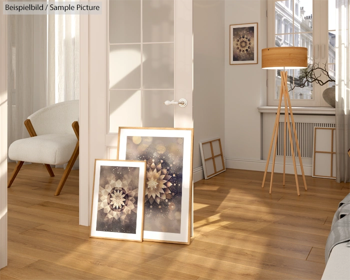 Cozy room with mandala art, white chair, tall lamp, and wooden floor creating a warm, inviting ambiance.