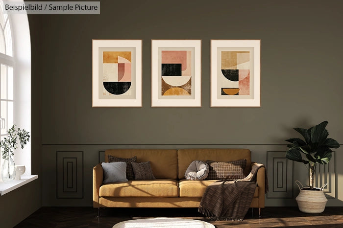 Elegant living room with abstract art triptych, tan sofa, cushions, plaid blanket, and a potted plant by a sunlit window.