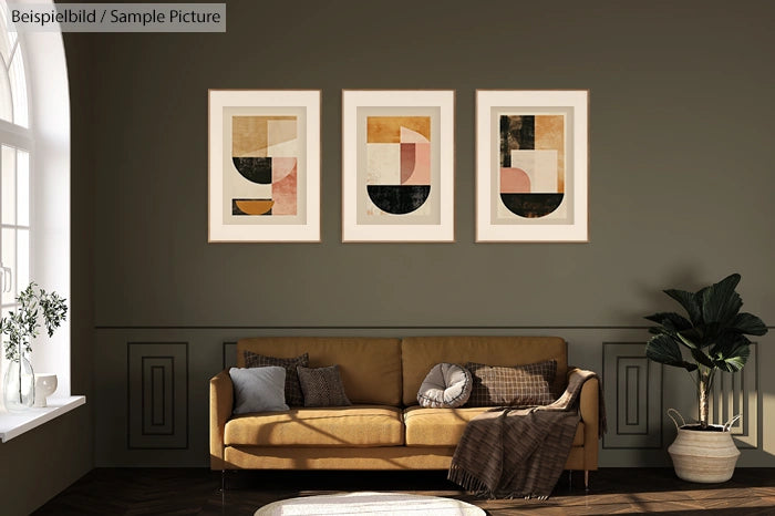 Living room with abstract art, beige sofa, pillows, and potted plant by a window with sunlight.