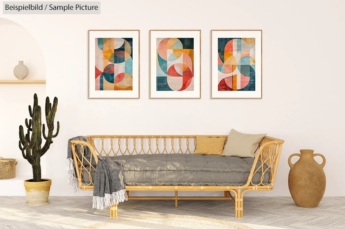 Modern living room with rattan sofa, colorful geometric paintings, cactus, and ceramic vase.