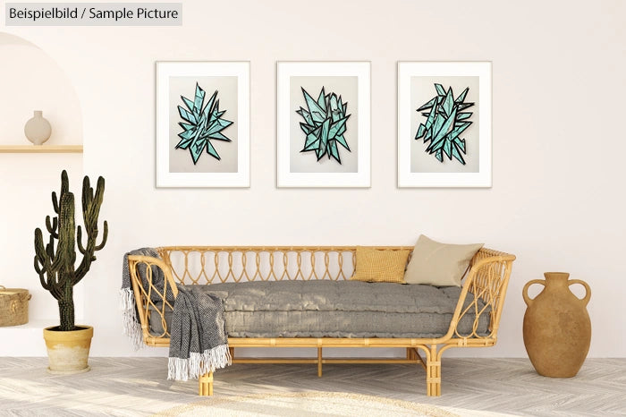 Bohemian living room with beige sofa, cactus, and geometric art on wall.