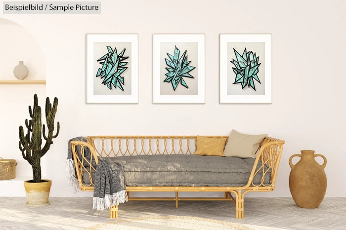 Cozy living room with wicker sofa, cactus, large vase, and three geometric teal artworks on the wall.