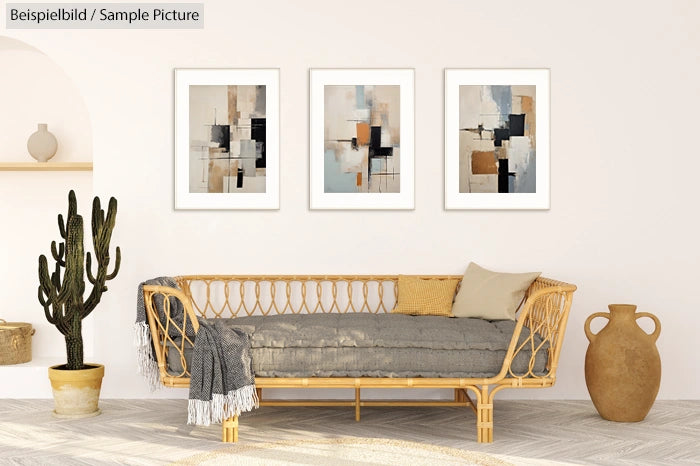 Modern living room with wicker sofa, abstract paintings, cactus, and clay vase.