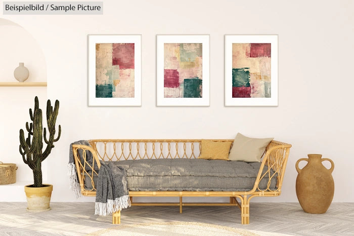 Modern living room with wicker sofa, abstract art, cactus, and ceramic vase.