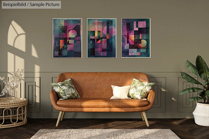 Modern living room with a brown sofa, plant, and three abstract art pieces on a muted green wall.