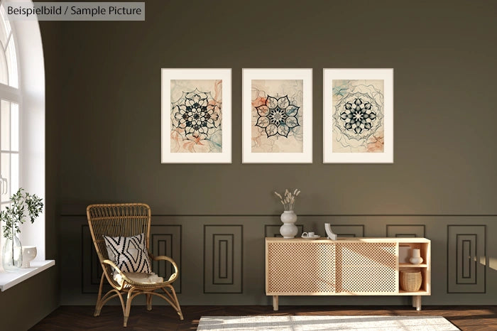 Stylish living room with three geometric art prints, wicker chair, and a wooden sideboard under a large window.