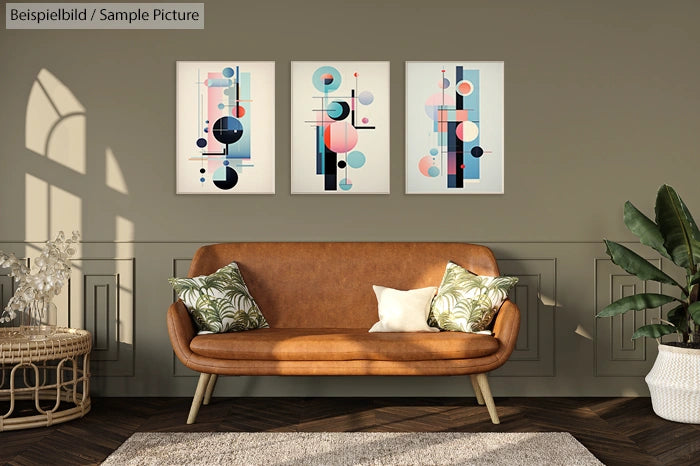 Stylish living room with a brown sofa, abstract art on wall, and potted plants in natural light.