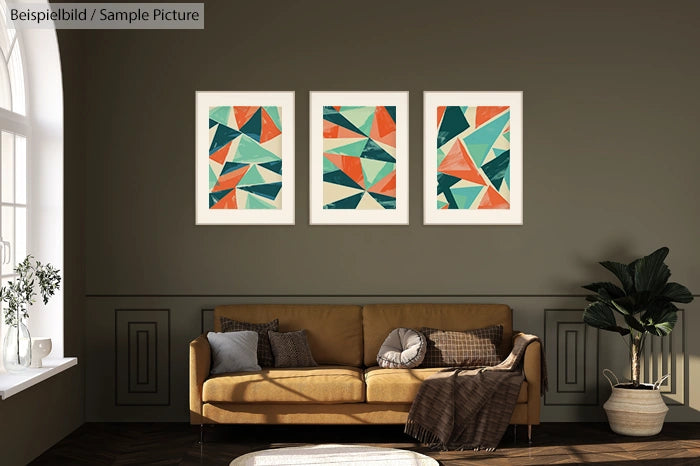 Living room with a brown sofa, plant, and three abstract geometric paintings in green, orange, and teal on the wall.