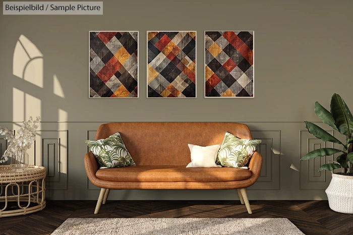 Stylish living room with brown leather sofa, botanical pillows, geometric art, and potted plant.