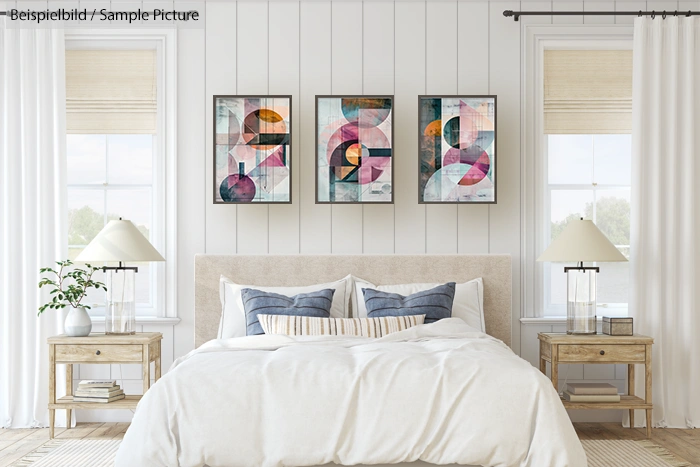 Bright bedroom with a neutral bed, wooden side tables, matching lamps, and abstract art on the wall.