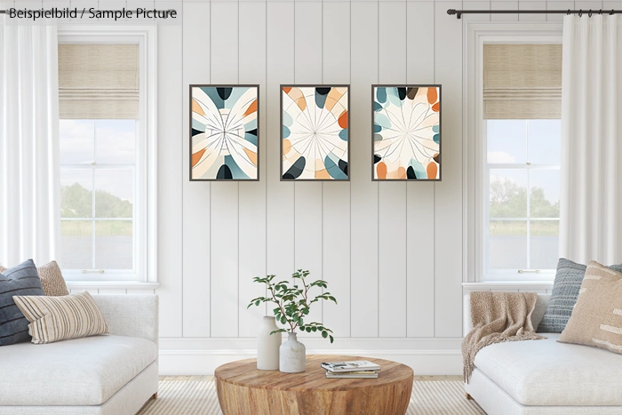 White living room with two sofas, wooden table, and three abstract paintings on the wall.