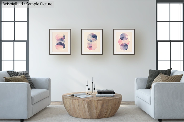 Modern living room with two sofas, a round wooden coffee table, and abstract artwork on the wall.