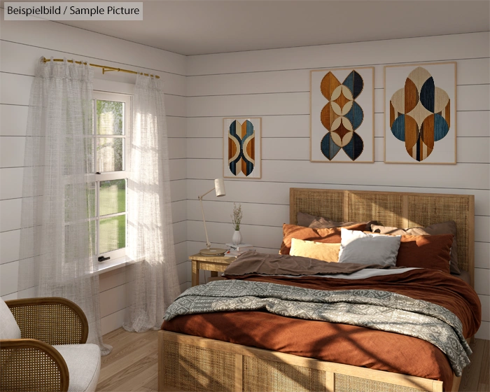 Cozy bedroom with rattan bed, wooden side table, abstract art on walls, white shiplap, and sunlight streaming through window.