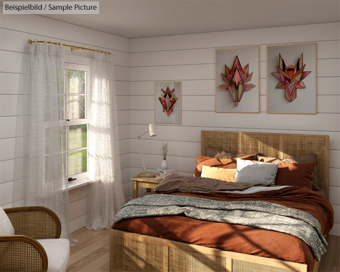 Cozy bedroom with patterned artwork, a wicker bed, white walls, and a sunlit window with sheer curtains.