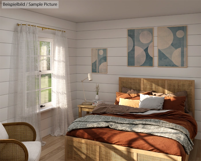 Cozy bedroom with wooden bed, abstract wall art, and natural light through window.