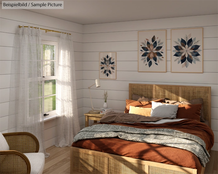 Cozy bedroom with wicker bed, patterned bedding, wooden nightstand, white shiplap walls, and floral artwork above the bed.