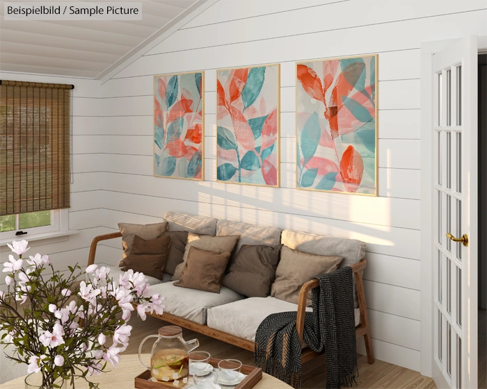 Cozy living room with floral art, wooden sofa, beige cushions, and a flower vase on a wooden coffee table.