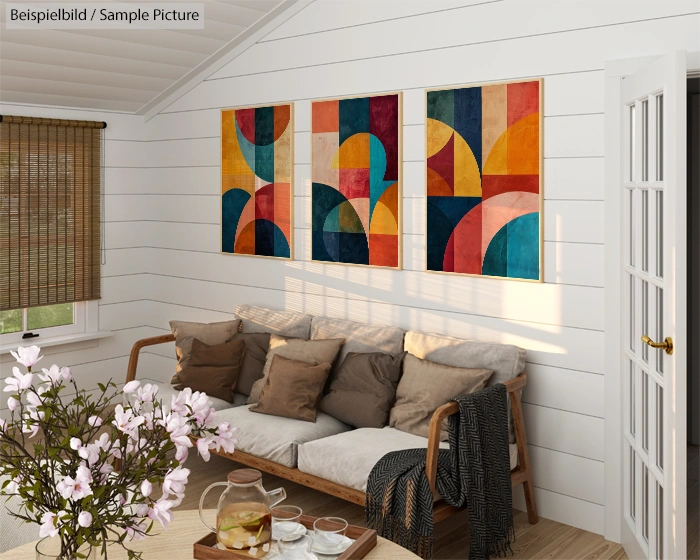 Cozy living room with a beige sofa, colorful abstract art on the wall, wooden blinds, and a flower vase on the table.