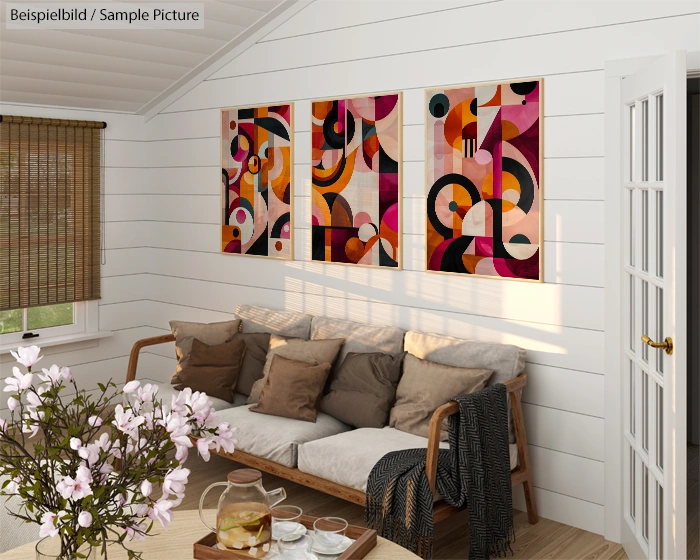 Cozy living room with abstract geometric art, white shiplap walls, beige sofa, cushions, and a table with tea set.