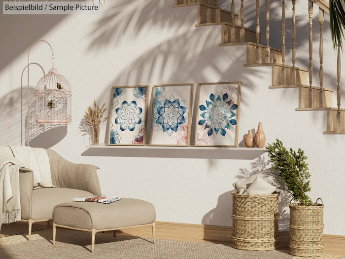 Cozy living room with framed floral artwork, an armchair, and woven baskets under a wooden staircase.