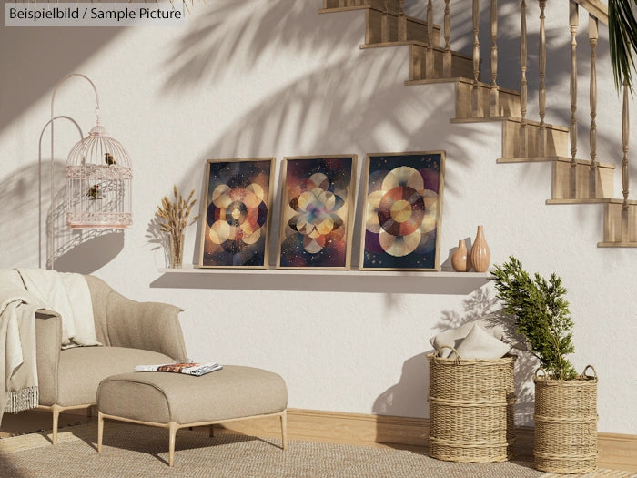 Cozy room with abstract geometric art in frames, wicker baskets, and a beige sofa under a stairway arch.