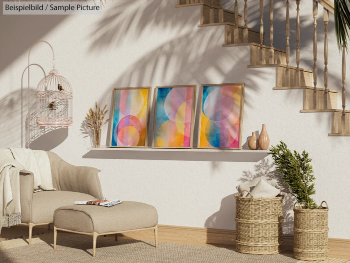 Cozy living room with beige armchair, pouf, abstract paintings, wicker baskets, and plants under a wooden staircase.