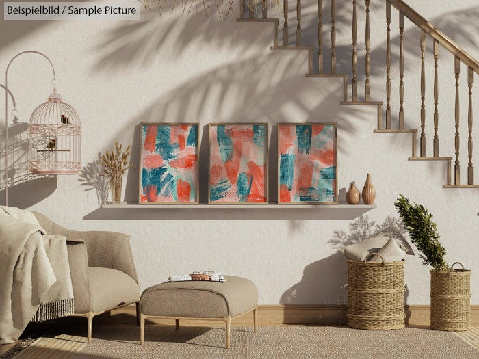 Modern living room with abstract art on shelf, stairs, armchair, pouf, and decorative plants in natural light.