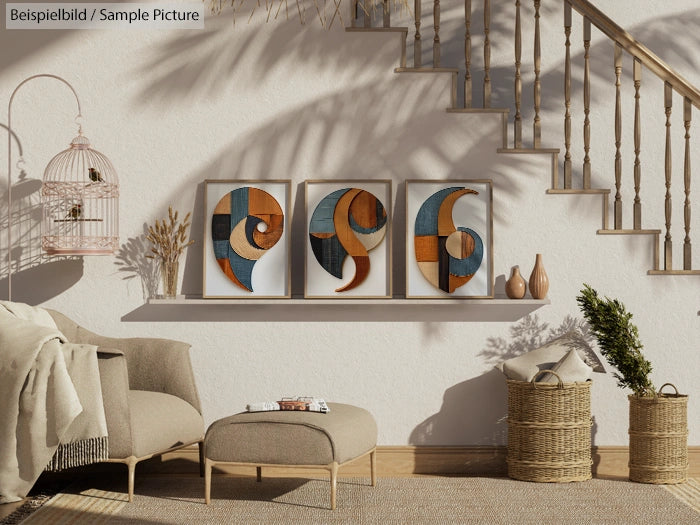 Bohemian living room with abstract art, wicker baskets, pampas grass, and wooden stairs casting shadows.