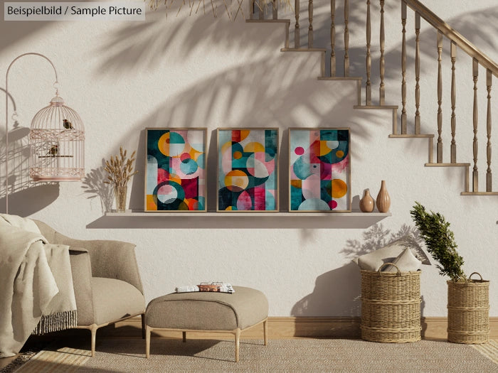 Cozy living room with abstract paintings on wall, beige chair, ottoman, wicker basket, and birdcage under staircase.