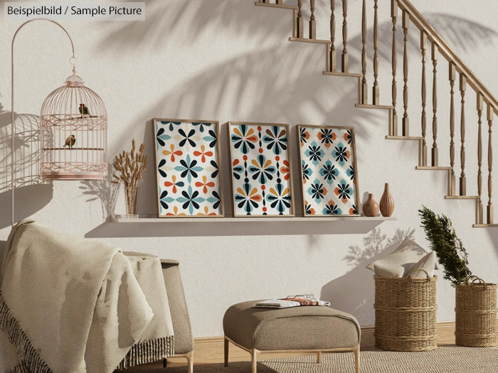 Cozy living room with three geometric art pieces on a white wall, staircase, plant, blanket, and decorative birdcage.