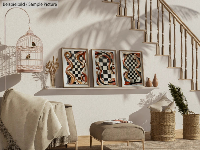 Three abstract artworks on a shelf with a birdcage, near stairs in a well-lit room with neutral decor and woven baskets.