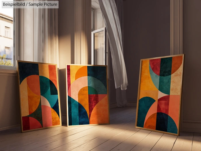 Three colorful abstract paintings with geometric shapes leaning against a wall, illuminated by soft natural light.