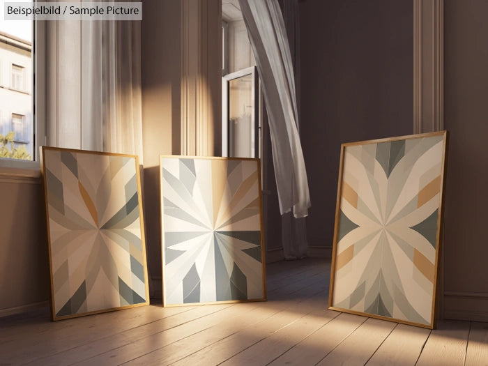 Three abstract geometric art pieces with pastel tones leaning against a window in a sunlit room.