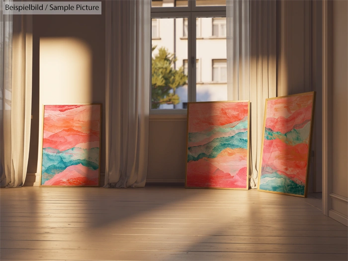 Sunlit room with abstract paintings in vibrant pink, blue, and orange hues leaning against a wall near a window.