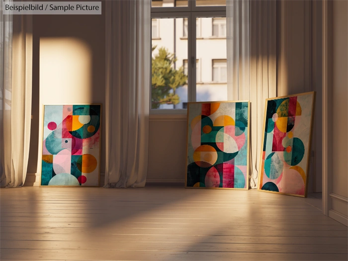 Three abstract paintings with colorful geometric shapes leaning against a sunlit wall in a minimalist room.