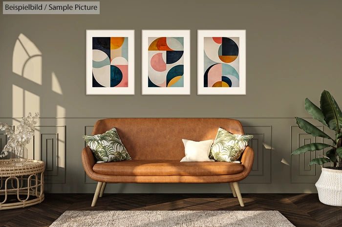 Mid-century modern living room with leather sofa, abstract art, plant, and wicker side table.