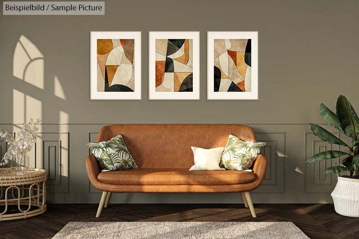 Stylish living room with brown leather sofa, tropical pillows, abstract art, and potted plant.