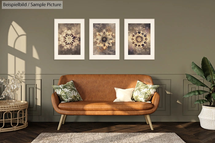 Stylish living room with leather sofa, decorative pillows, and framed abstract art on walls, featuring plant accents.