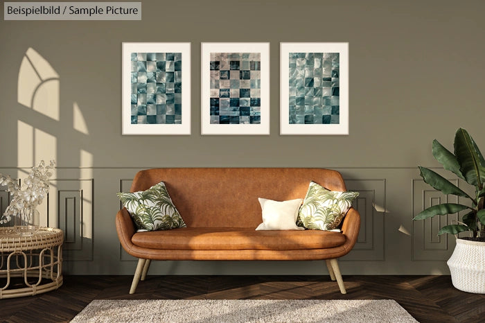 Stylish living room with a tan sofa, green plant, and three abstract framed artworks on the wall.