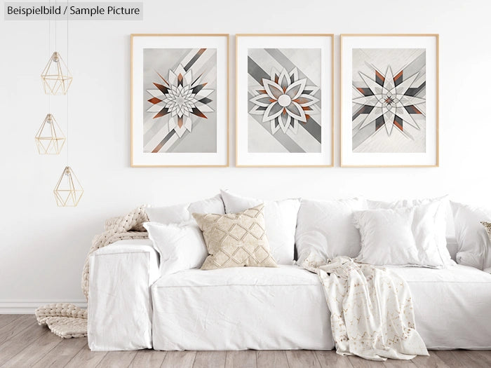 Modern living room with white sofa, geometric art, and hanging lamps.