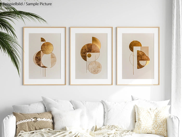 Minimalist living room with three abstract geometric art prints on the wall, above a white sofa with decorative pillows.