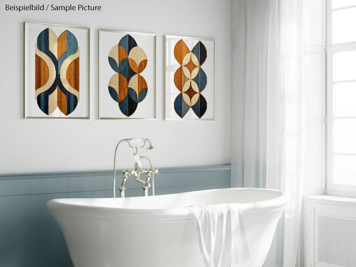 Modern bathroom with a white freestanding bathtub and abstract geometric artwork on the wall. Bright and serene decor.