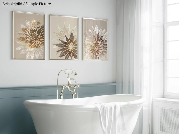 Elegant bathroom with a white freestanding bathtub, draped towel, and modern floral artwork on the wall.