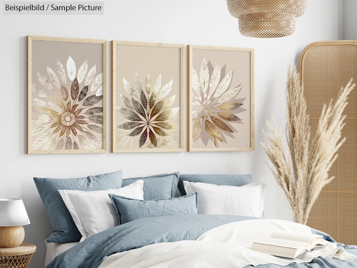 Cozy bedroom with blue bedding, decorative pillows, and a triple-panel floral artwork above the bed.