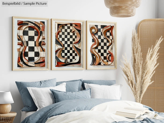 Modern bedroom with blue bedding, pampas grass decor, wicker lamp, and three abstract art pieces on the wall.