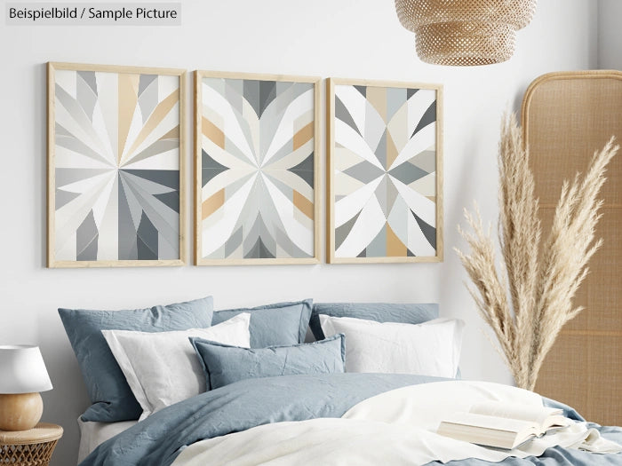 Modern bedroom with blue bedding, geometric wall art, pampas grass decor, and a wicker lamp.