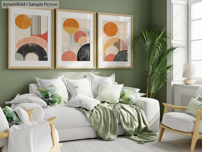 Modern living room with abstract art, green walls, white sofa, decorative pillows, and potted plant.