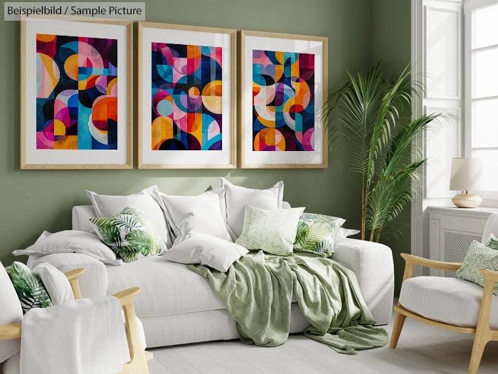 Modern living room with a white sofa, green cushions, and abstract geometric artwork on the wall.